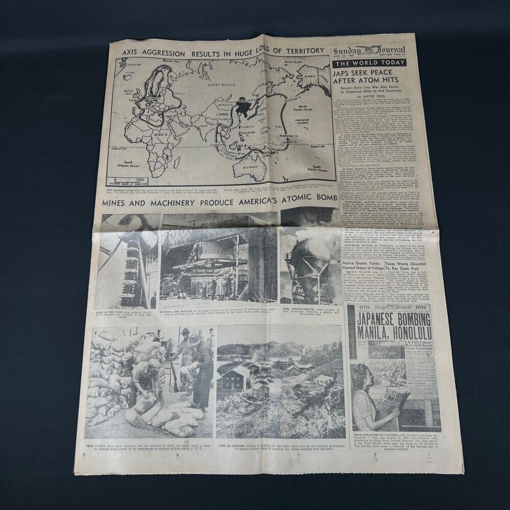1945 aug 12 “JAPS SEEK PEACE AFTER ATOM HITS” sunday journal newspaper